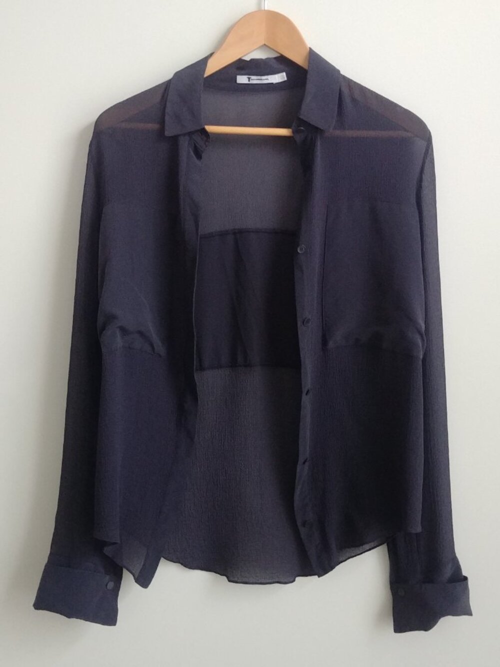 T by Alexander Wang 100% silk semi sheer black button down shirt top Small